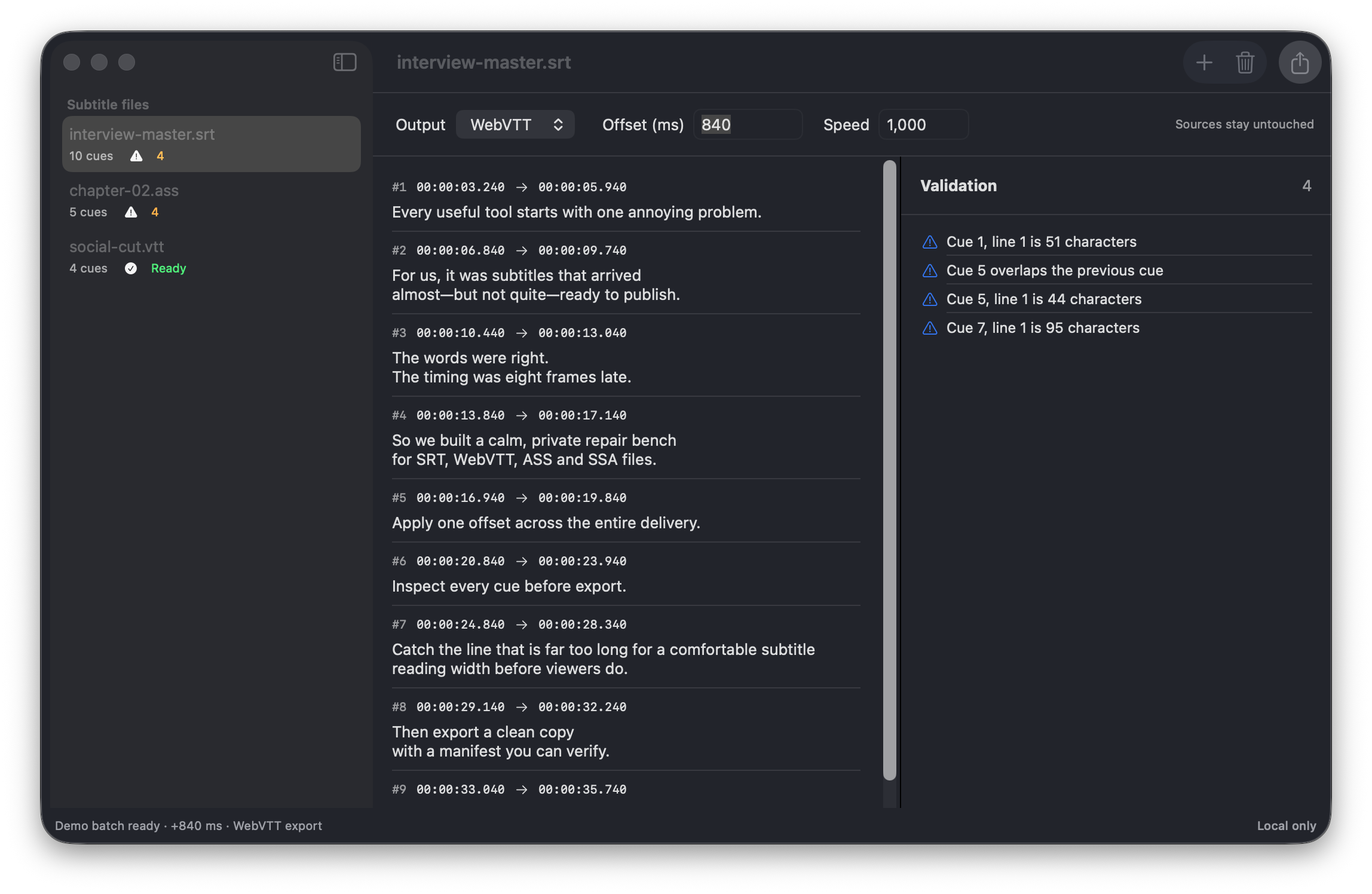 Real CuePatch window showing imported subtitle files, timing controls, cue preview and validation findings